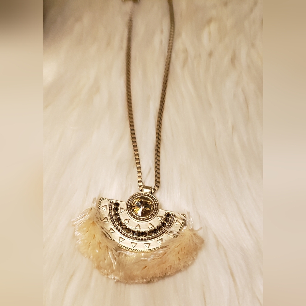 White House Black Market Gold Fan Statement 20" Chain Necklace Fringe Boho - Picture 5 of 5